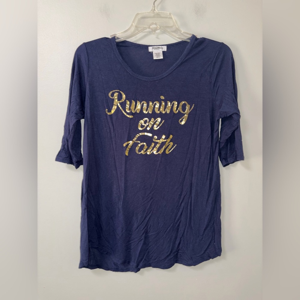 Stitch Wurks Navy Half Sleeve Running on Faith tee Religious Christian graphic M